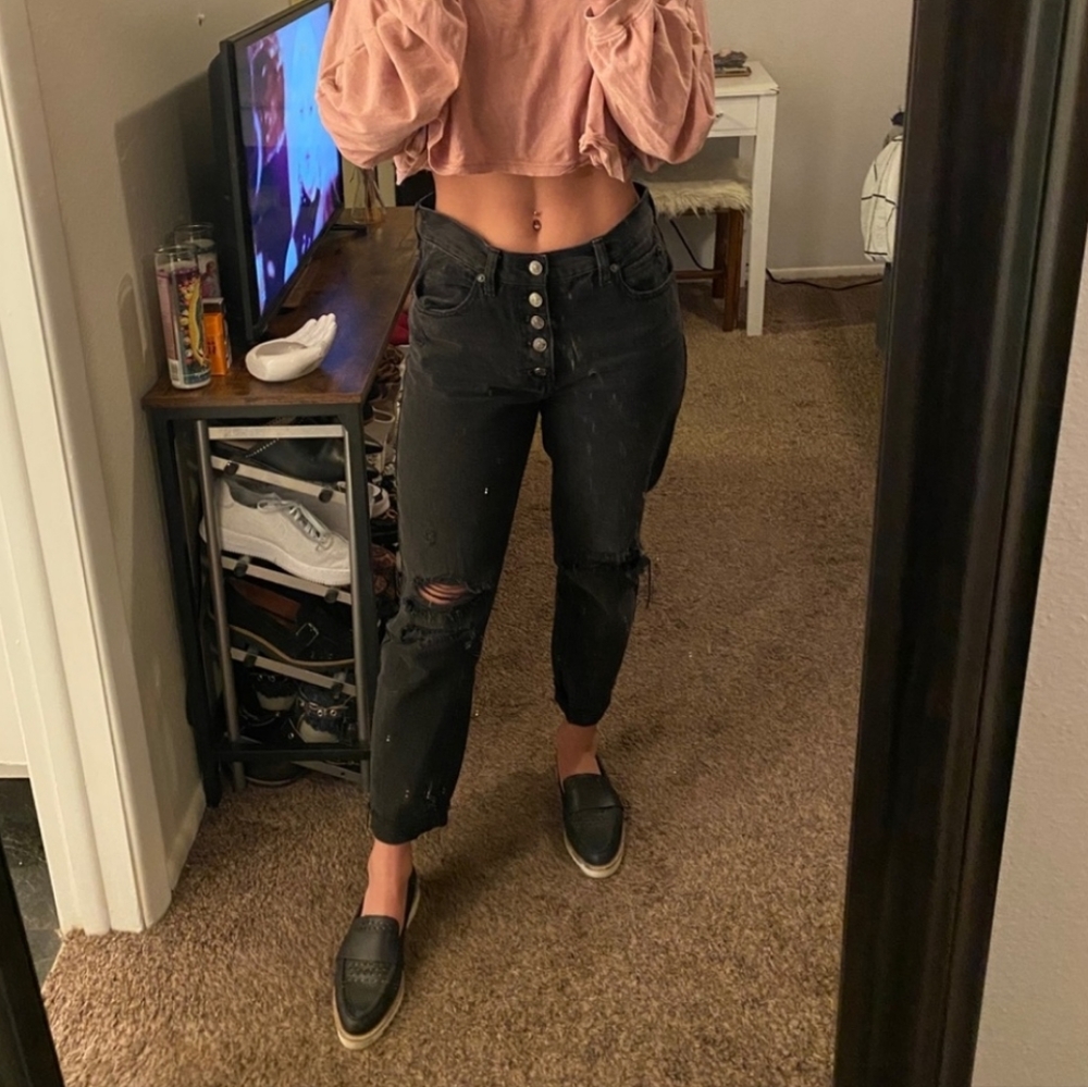 Free People Black Distressed Boyfriend Jeans